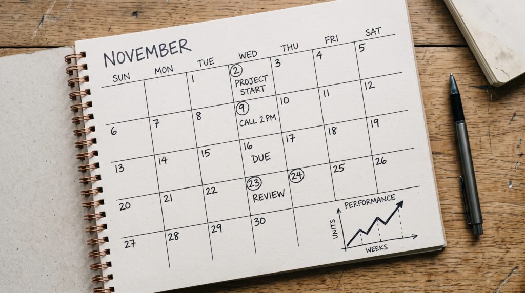 Open calendar with upward-trending line graph sketch representing slow phase content site growth