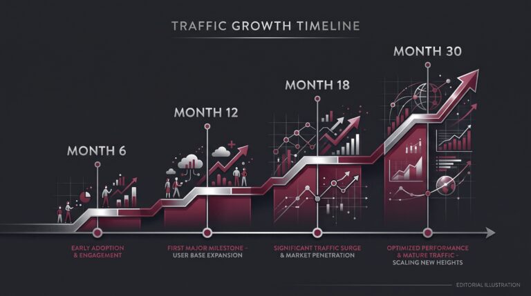 Timeline chart showing how long does affiliate marketing take to make money, with milestones at months 6 12 18 30
