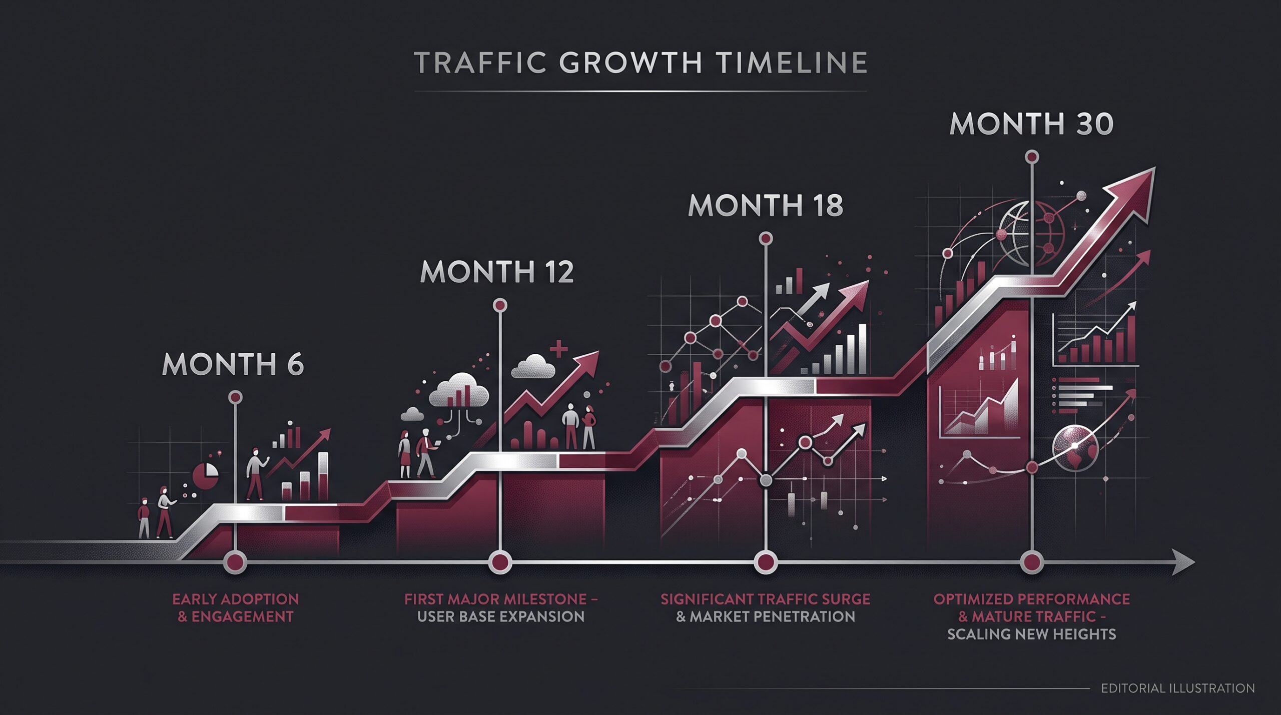 Timeline chart showing how long does affiliate marketing take to make money, with milestones at months 6 12 18 30