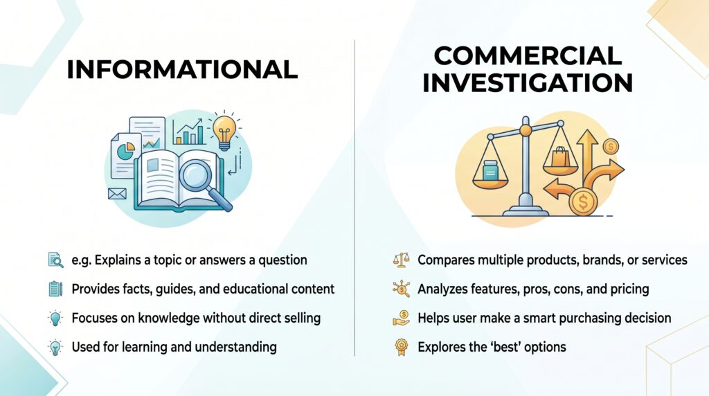 Diagram comparing informational and commercial investigation content types.