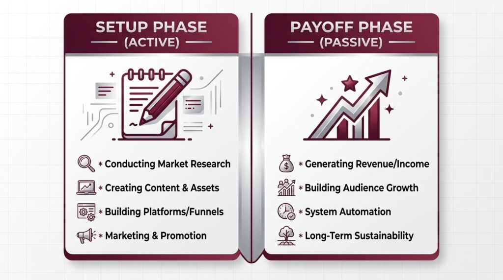 Diagram comparing the active setup phase and passive payoff phase