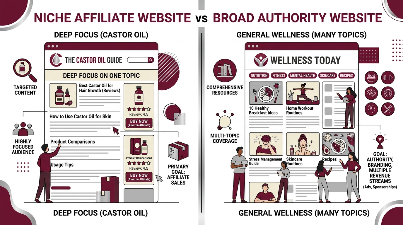 Visual comparison showing niche site vs authority site topic coverage differences