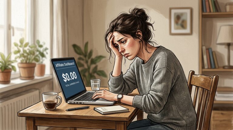 Discouraged beginner reviewing why do most affiliate marketing beginners fail results