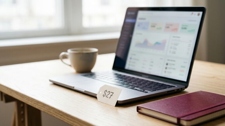 Laptop and $27 price tag illustrating LeadsLeap free vs pro comparison
