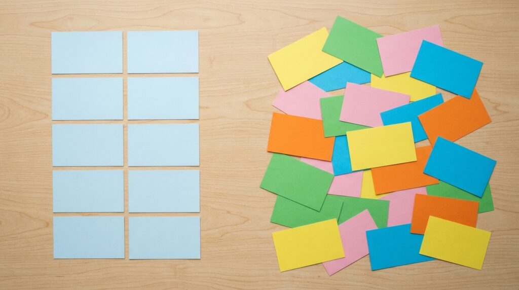 Tidy blue cards beside scattered multicolor cards showing blog topic focus